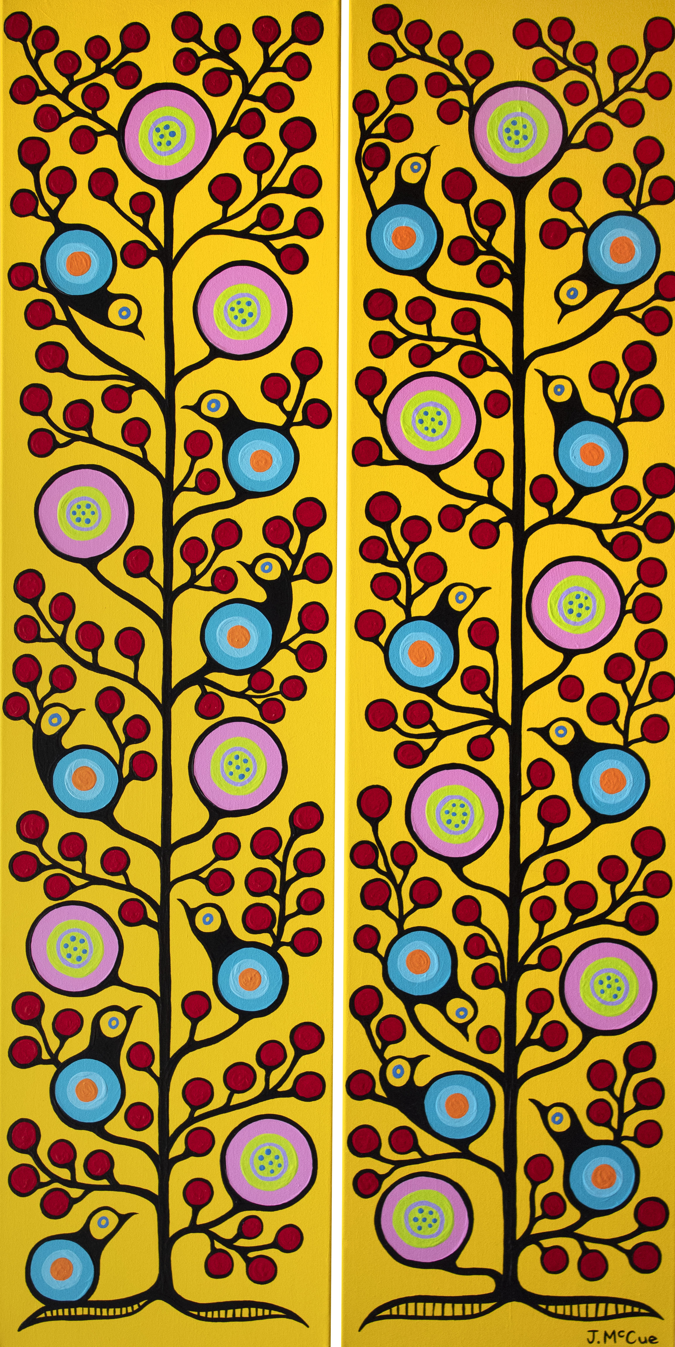 “Birds and Cherries 1 & 2” Diptych Acrylic on canvas 48” x 24” stretched