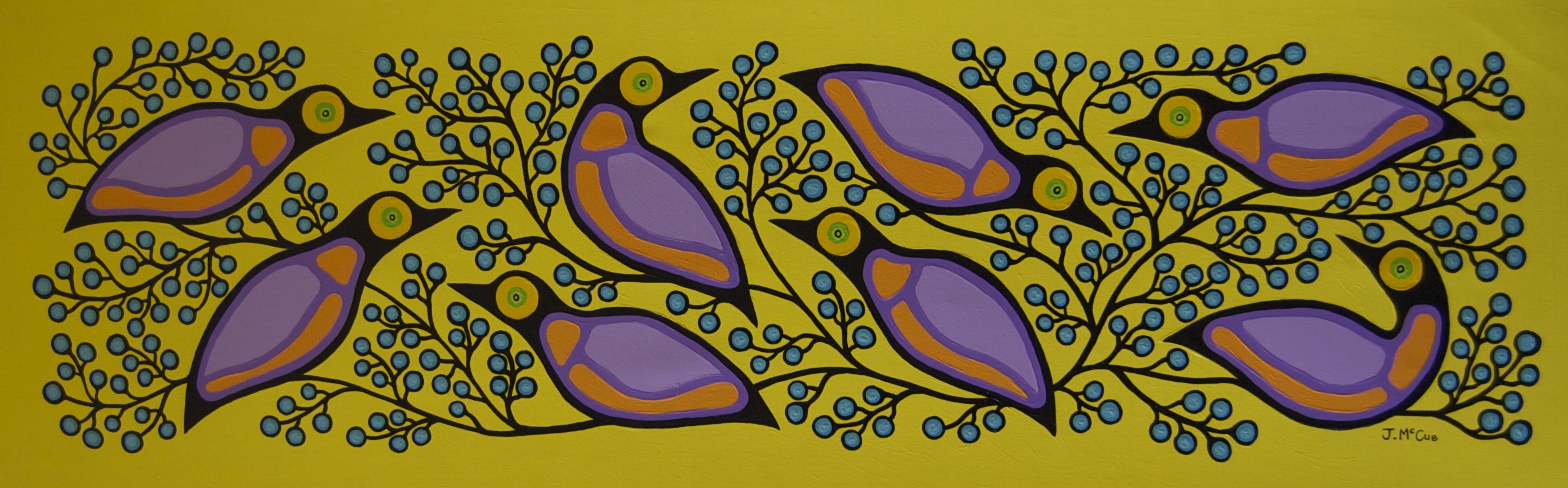 “Starling's and Blueberries #2” Acrylic on canvas 24” x 72” unstretched