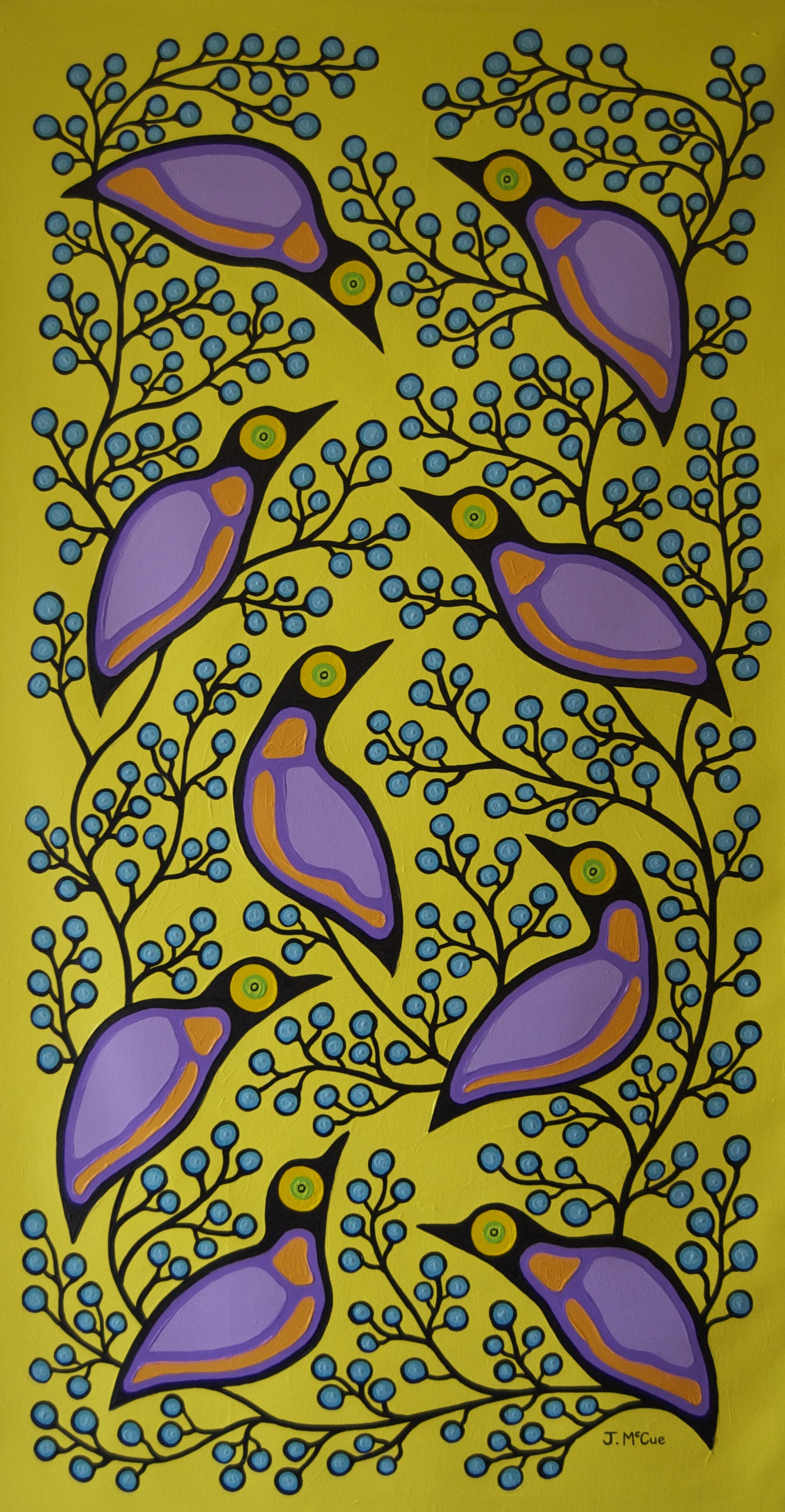 “Starlings and Blueberries” Acrylic on canvas 66” x 36” unstretched